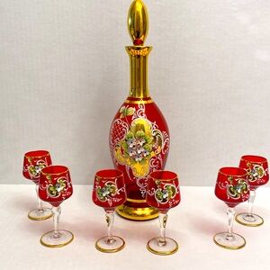 Vintage Elegant Red and Gold Decanter Set